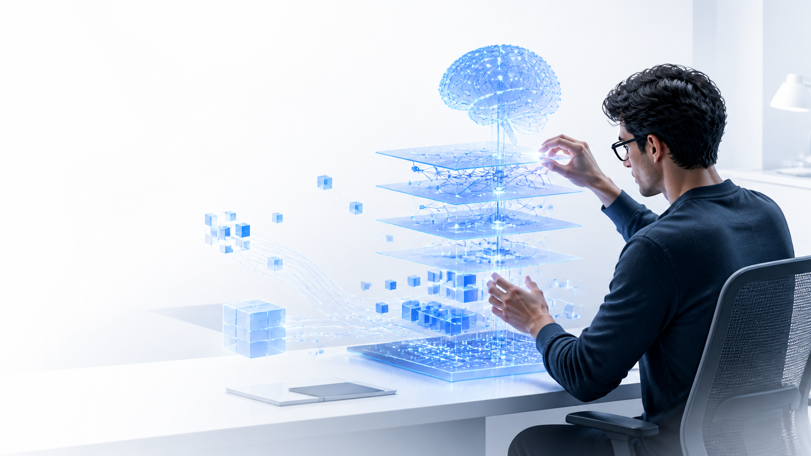 An AI developer assembles a glowing layered neural network and an emerging artificial brain with an AI assistant