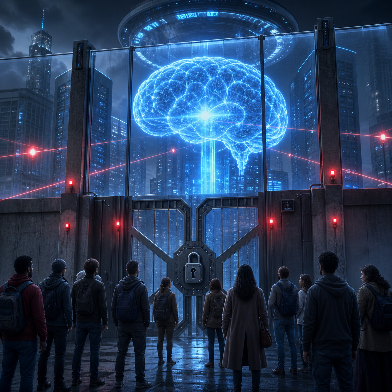 People in an unnamed restricted country face a locked digital barrier separating them from a glowing frontier AI brain
