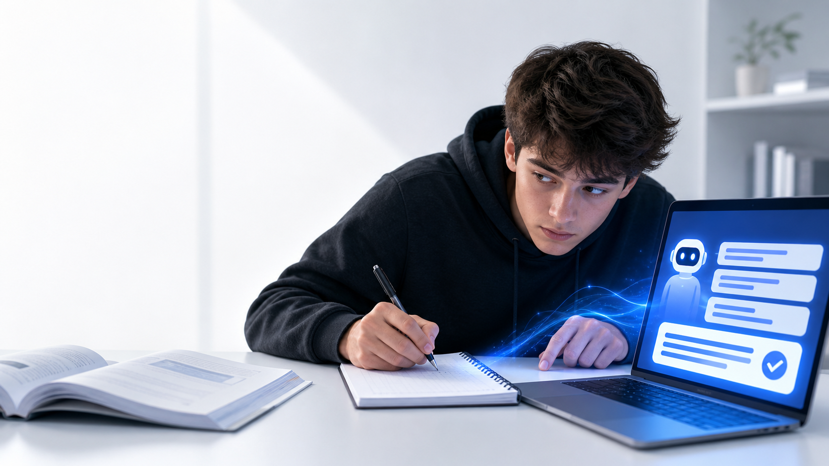 A student glances sideways while secretly copying AI-generated homework answers into a notebook